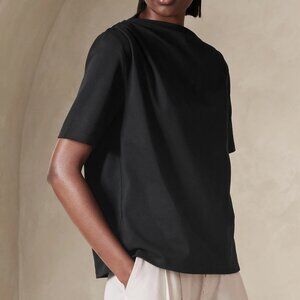 NWT Banana Republic Women Black Poppy Pleated/Draped Cotton Knit SS Shirt Top XS